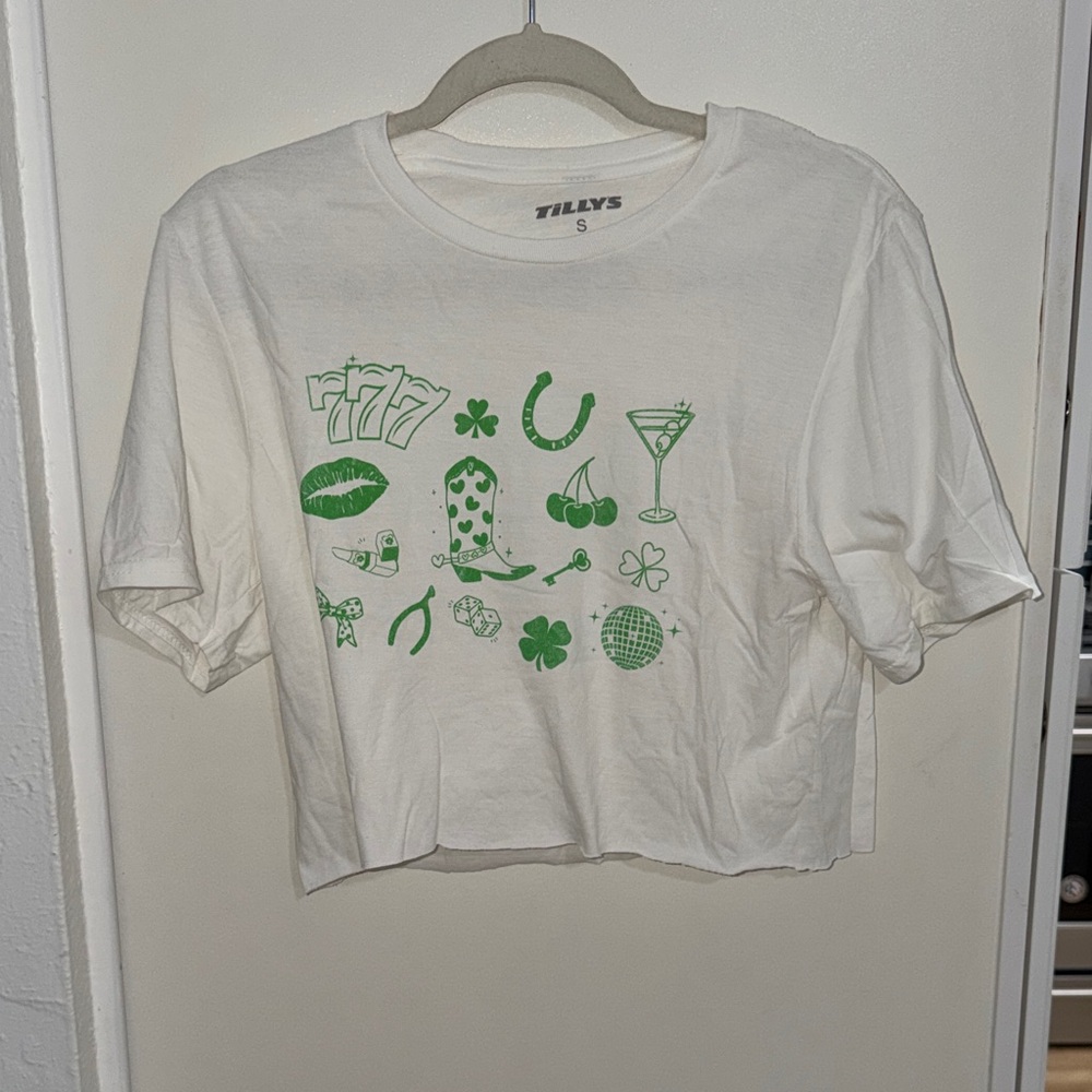Tillys White Luck Charm Collage Tee Cutoff | S